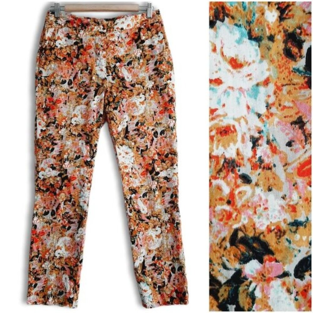 LINEA DOMANI / Crop Ankle Pants Abstract Multicolor Floral Tan Red Pink White 4